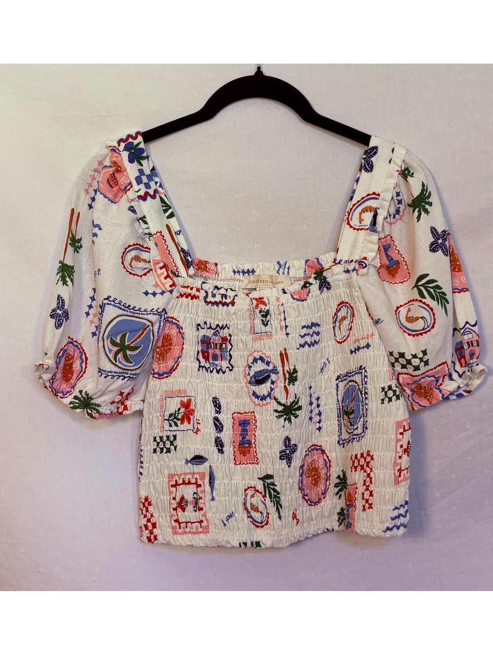 Monteau Los Angeles Smocked Postcard Print Crop Top. Size XL